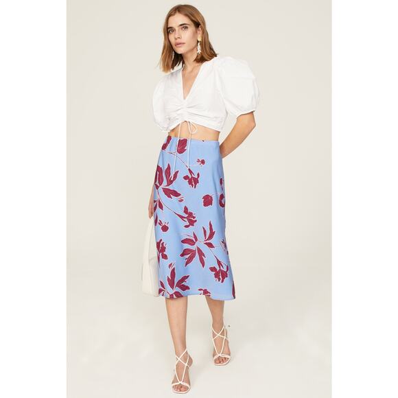 Thakoon Floral Midi Skirt Blue Red Midi Side‎ Slit A-line Elastic Waist Sz 0 - Picture 4 of 14